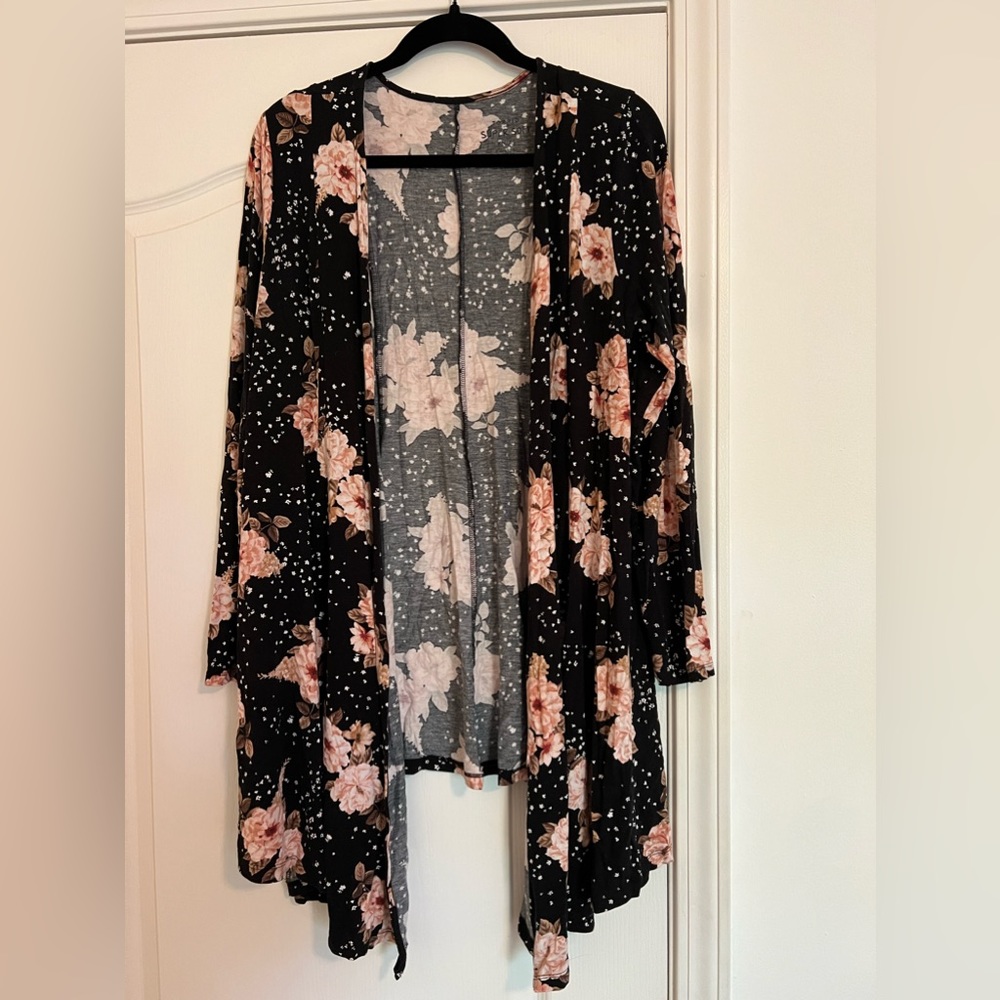 Open Front Black Floral Cardigan